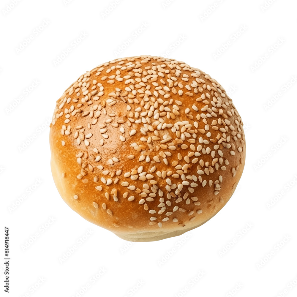Bread bun isolated on transparent background, Top view of single fresh baked wheat bread bun from above,  baking, fresh pastry and bakery concept. generative ai