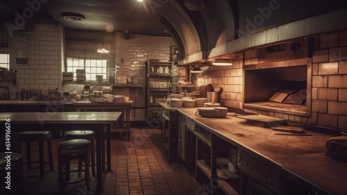 Italian restaurant kitchen interior with traditional wood fired brick oven, fresh baked pizzas on the table. Generative AI