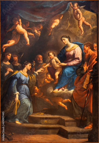 NAPLES, ITALY - APRIL 23, 2023: The painting of Stigmatization of St. Catherine of Siena in the church Basilica di Santa Maria della Sanita by Andrea Vaccaro (1604 – 1670). 