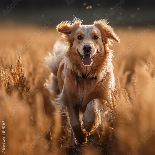 Domestic animal pet play happy in a dreams background beautiful. Dog leaping gracefully across a field. Dog in a striking representation of the happy energy of the dog. Generative AI