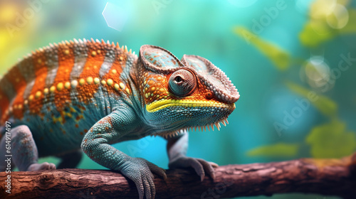 Close up portrait of colorful vibrant chameleon on tree branch