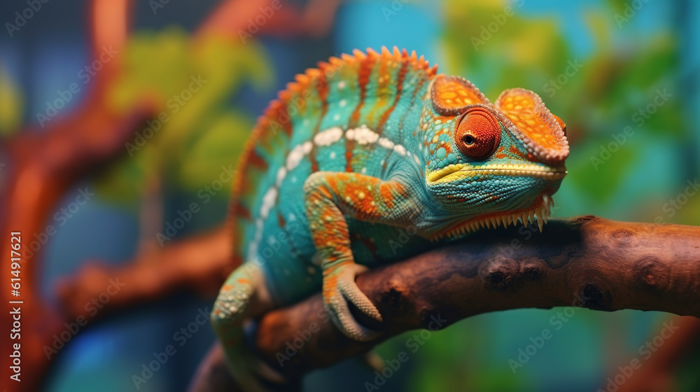 Obraz premium Close up portrait of colorful vibrant chameleon on tree branch
