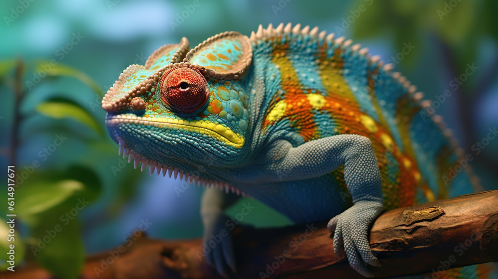 Obraz premium Close up portrait of colorful vibrant chameleon on tree branch