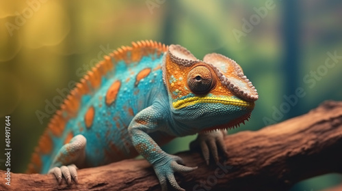 Close up portrait of colorful vibrant chameleon on tree branch