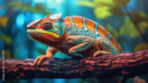 Close up portrait of colorful vibrant chameleon on tree branch © Absent Satu