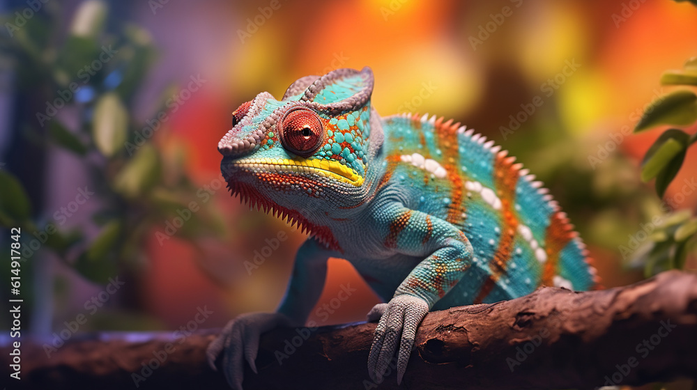 Fototapeta premium Close up portrait of colorful vibrant chameleon on tree branch