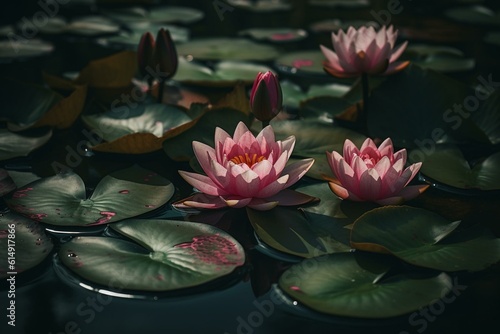 Pretty pink lily/lotus blooms atop pond. Generative AI