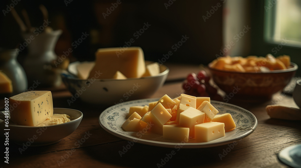 Plate with pieces of tasty cheese on table.. Generative AI