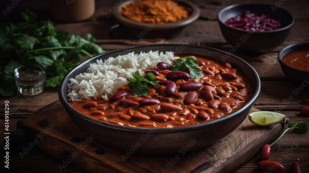 Rajma masala Red Kidney beans curry served with Basmati rice close-up on a wooden tray on the table. Vertical top view from above. Generative AI Rajma masala Red Kidney beans curry served with Basmati rice close-up on a wooden tray on the table. Vertical top view from above. Generative AI