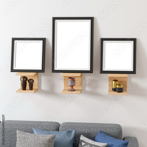 3d render of a living room with three C type wooden shelves with decor and triple dark photo frames, sofa and plant photo