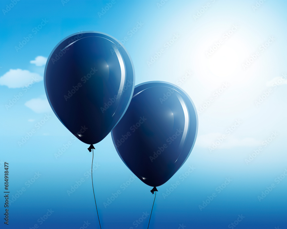 Illustration of two blue balloons on a clear sky background perfect for celebration or birthday card. Bright balloons on sky background. Realistic 3D illustration. Generative AI Illustration of two blue balloons on a clear sky background perfect for celebration or birthday card. Bright balloons on sky background. Realistic 3D illustration. Generative AI