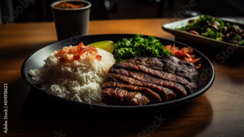 Roasted picanha steak, rice, salad, farofa, fries Generative AI