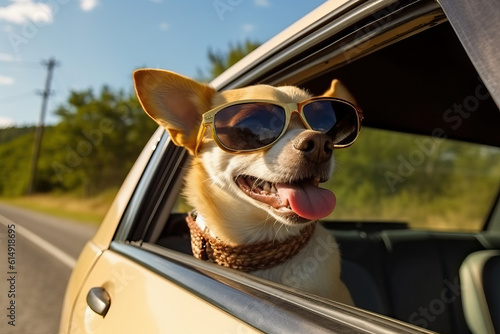 A dog wearing sunglasses is sticking its head out of a car window © Nedrofly