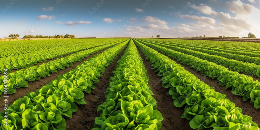 Image of long rows of green beds with growing cabbage or lettuce in a large farmer's field. Generative AI Image of long rows of green beds with growing cabbage or lettuce in a large farmer's field. Generative AI