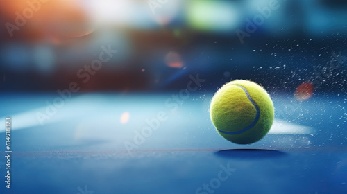 Flying tennis ball on a blue court photo