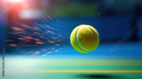 Flying tennis ball on a blue court