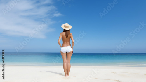 Beautiful young woman on a sandy tropical sea beach  view from the back. Generative AI