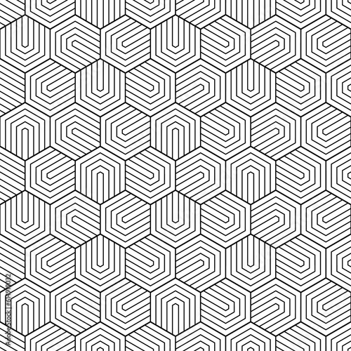 Geometric seamless pattern. Repeating hexagon lattice. Repeated black line isolated on white background. Modern honey design for prints. Repeat contemporary texture. Plexus linear. Vector illustration