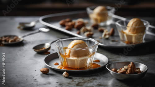 Scoops of ice cream with caramel sauce and nuts on light grey table, flat lay. Generative AI
