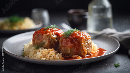 Stuffed cabbage with rice on a white table Generative AI
