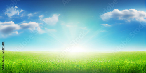 A spacious natural landscape or background screensaver in the form of lush green grass against a blue sky. Generative AI