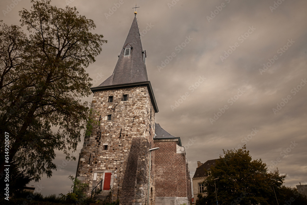 Tower of the Hervormde Kerk Vaals, the protestant reformed church of Vaals, Netherlands. It's a major medieval landmark of the city, in the dutch limburg, in Netherlands.