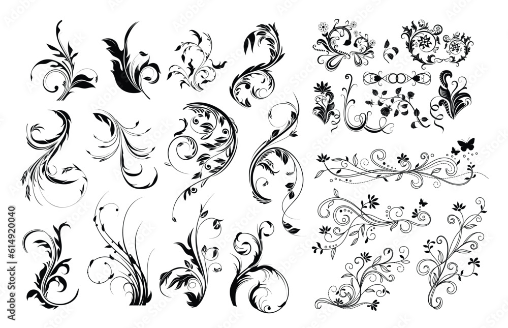 Fototapeta premium Floral swirl decorative ornament set vector