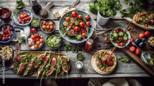 Summer food table scene over a white wood background. Collection of refreshing salads, fruit, wraps and BBQ grilled skewers. Top view. Generative AI © Matthew