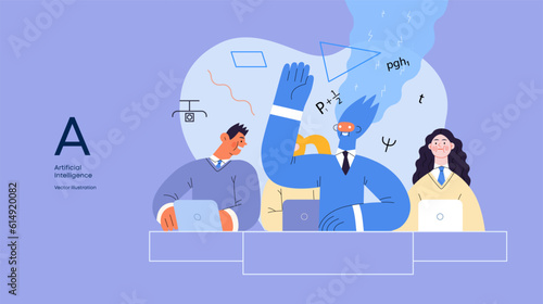 Artificial intelligence illustration. Studies -modern flat vector concept illustration of a group of students in the class. AI metaphor, advantage, superiority and dominance concept