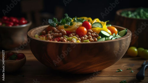 Summer salad with cherry tomatoes, celery, yellow pepper, black-eyed peas, cucumber and onion close-up in a bowl on a wooden board. horizontal. Generative AI
