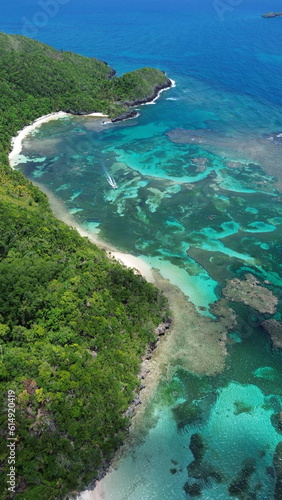 Fototapeta Naklejka Na Ścianę i Meble -  Playa Ermitano, El Valle, Samana, beach in Dominican Republic. Aerial drone photo.