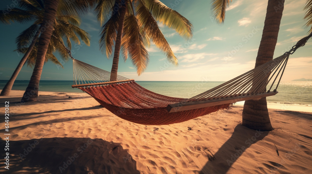hammock on the beach, Sandy tropical beach with palm trees. Generative AI