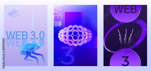 Web 3.0 poster set. Concept presentation of the new generation internet. Soaring jellyfish as a symbol of internet surfing. Abstraction, geometric elements, banner, poster, logo. Vector illustration.