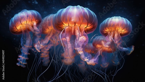 Delight in the hypnotic ballet of jellyfish, gracefully pulsating through the ethereal waters. Generative AI