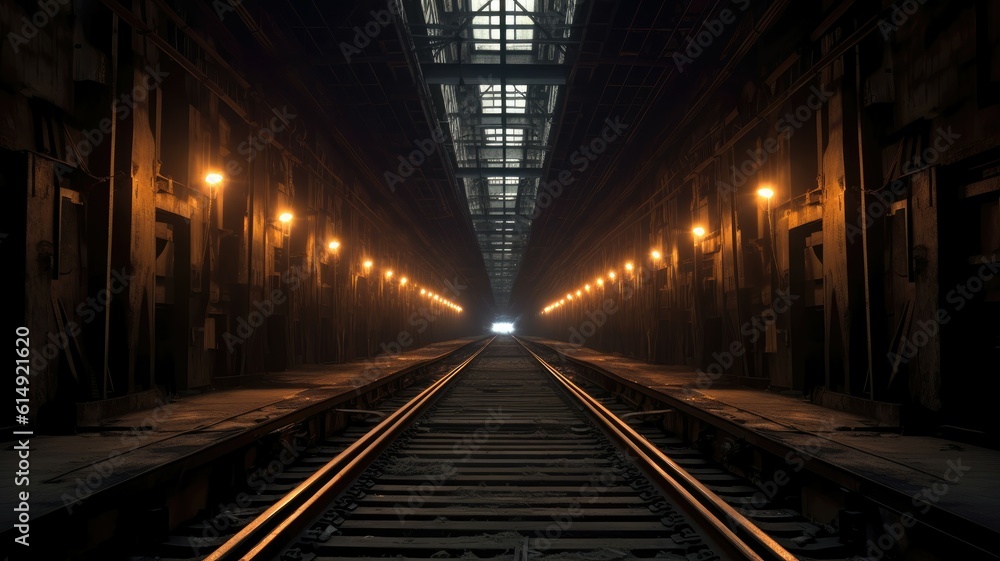 Dimly lit tunnels wind through the depths, revealing a labyrinth of steel tracks and flickering lights. Generative AI