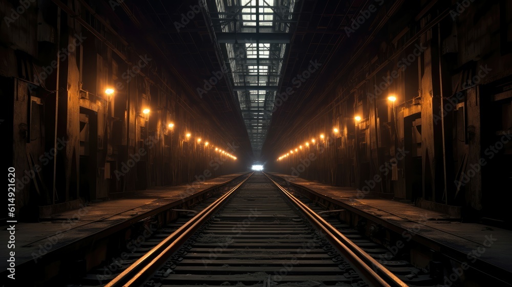 Dimly lit tunnels wind through the depths, revealing a labyrinth of steel tracks and flickering lights. Generative AI Dimly lit tunnels wind through the depths, revealing a labyrinth of steel tracks and flickering lights. Generative AI