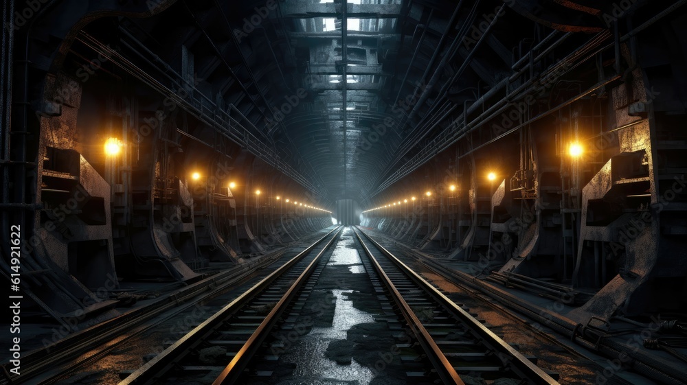 Dimly lit tunnels wind through the depths, revealing a labyrinth of steel tracks and flickering lights. Generative AI Dimly lit tunnels wind through the depths, revealing a labyrinth of steel tracks and flickering lights. Generative AI
