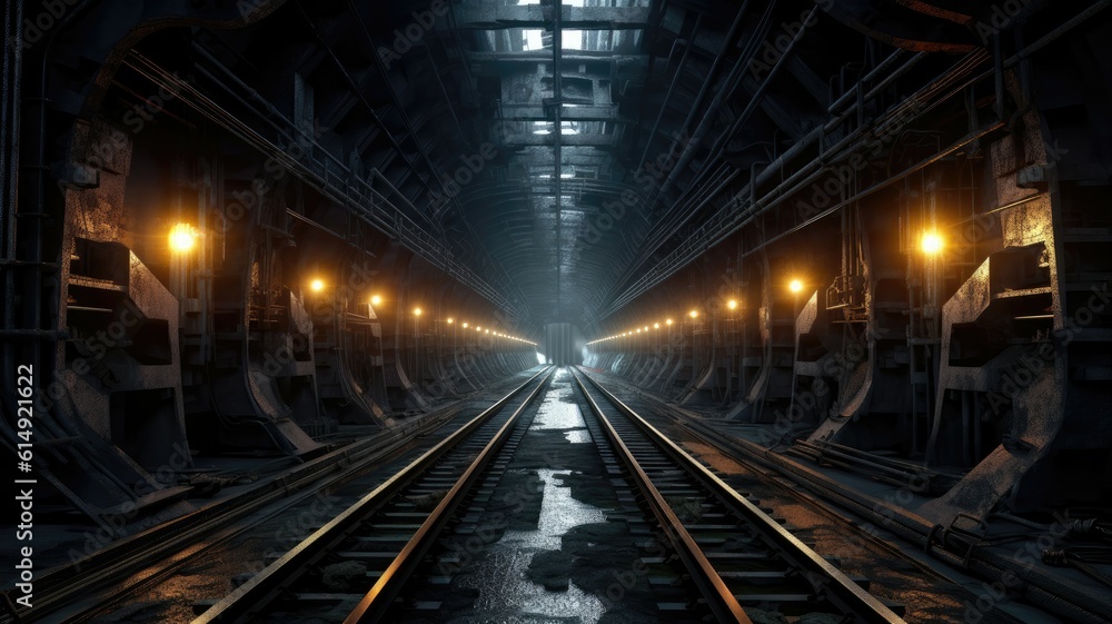 Dimly lit tunnels wind through the depths, revealing a labyrinth of steel tracks and flickering lights. Generative AI