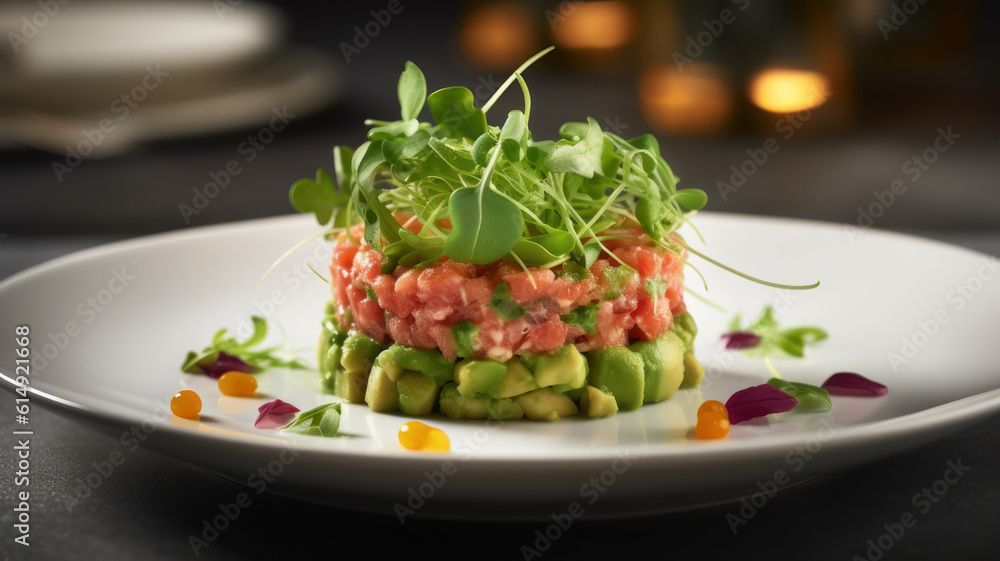 Tasty salmon tartare with avocado and greens on white table, closeup Generative AI Tasty salmon tartare with avocado and greens on white table, closeup Generative AI