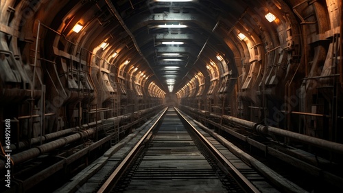Dimly lit tunnels wind through the depths, revealing a labyrinth of steel tracks and flickering lights. Generative AI © Kanisorn