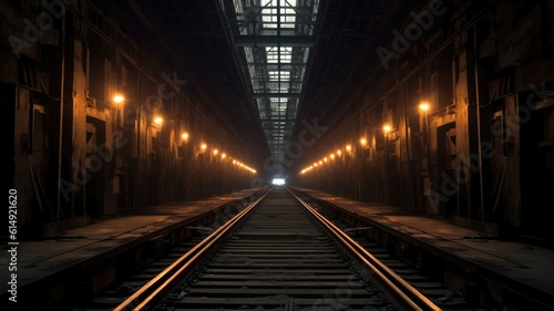 Dimly lit tunnels wind through the depths, revealing a labyrinth of steel tracks and flickering lights. Generative AI