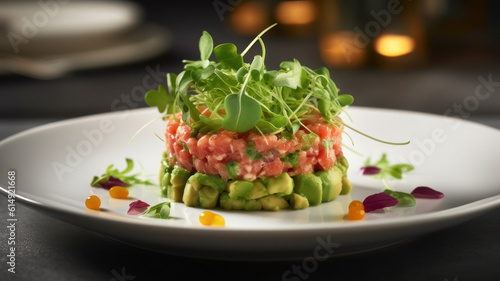 Wallpaper Mural Tasty salmon tartare with avocado and greens on white table, closeup Generative AI Torontodigital.ca