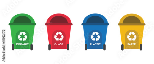 Processing trash cans, Waste separation plastic,paper,metal,organic,glass. Recycling infographic vector illustration