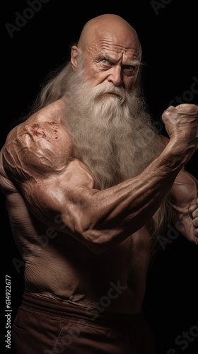 Strong old man tightens his biceps, athlete, healthy lifestyle. Generative AI