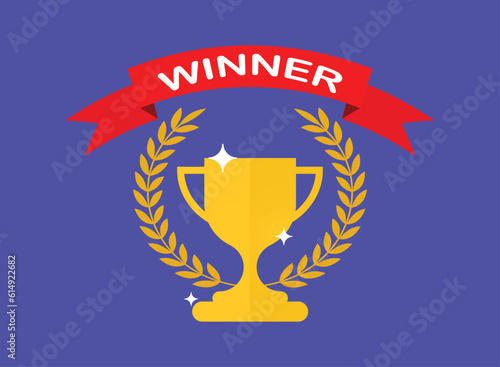Trophy champion cup winner award with laurel wreath, Trophy with red ribbon vector icon