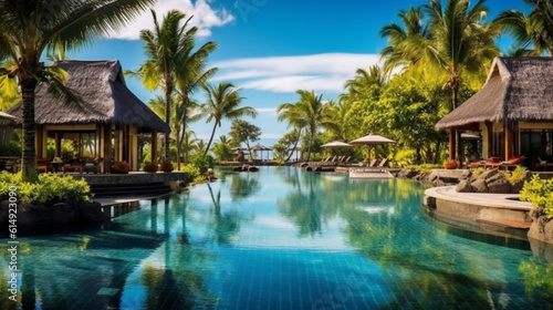 tropical resort pool, beautiful swimming pool in tropical resort. Generative AI © Fahad