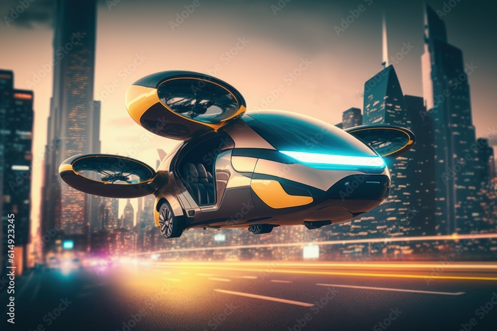 Futuristic model of a flying car. AI generated, human enhanced. Futuristic model of a flying car. AI generated, human enhanced.