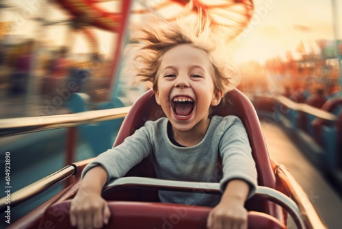 Happy child on a carousel. Background with selective focus. AI generated, human enhanced