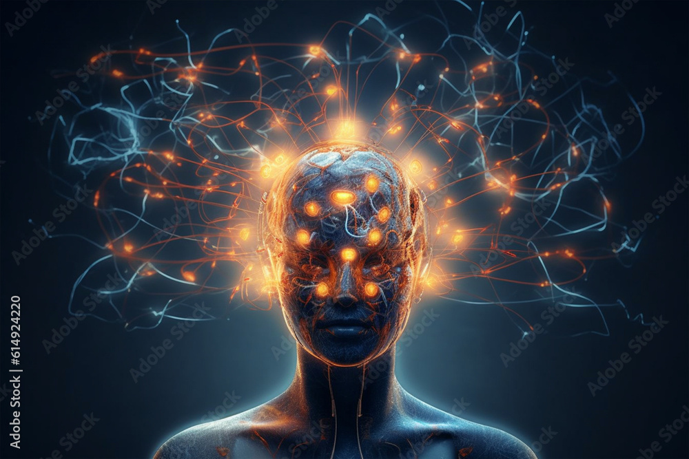 Obraz premium Electrons revolving around the brain inside someone's head made with generative ai