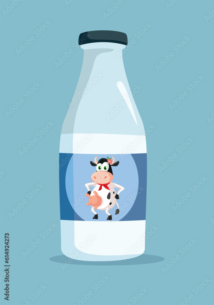 Funny Bottle of Milk with a Mascot Cow on its Label Vector Illustration. Diary product with cute adorable cartoon character design
Funny Bottle of Milk with a Mascot Cow on its Label Vector Illustration. Diary product with cute adorable cartoon character design